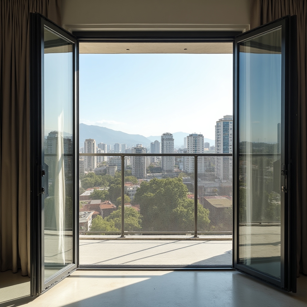 Installed stainless steel safety net on a high-floor apartment balcony with city view