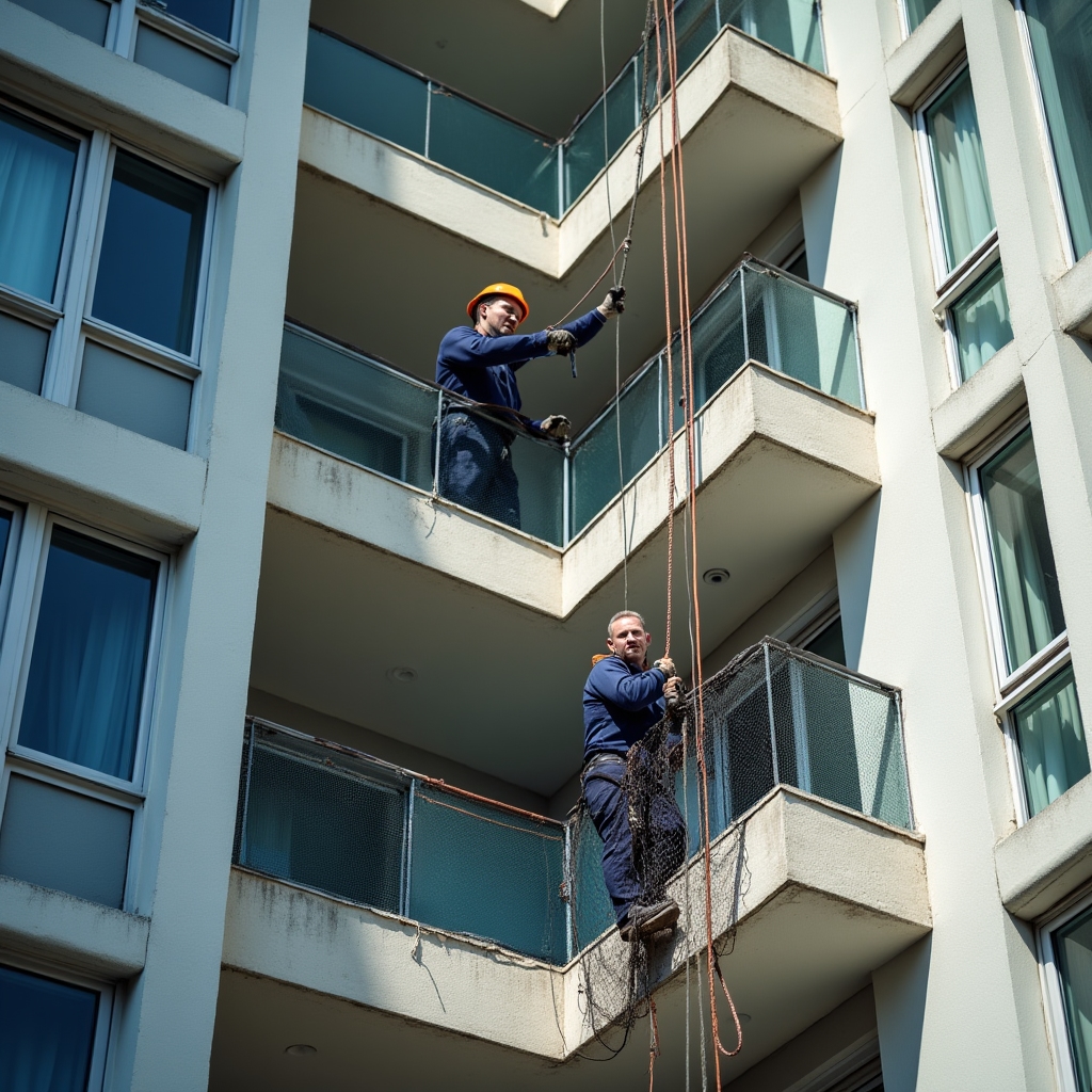 Installation team working on multiple floors of a residential tower, coordinating balcony safety net installation