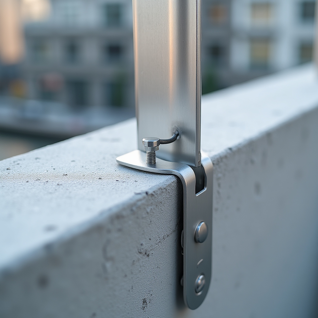 Close-up of stainless steel facade-safe fixing bracket on residential building