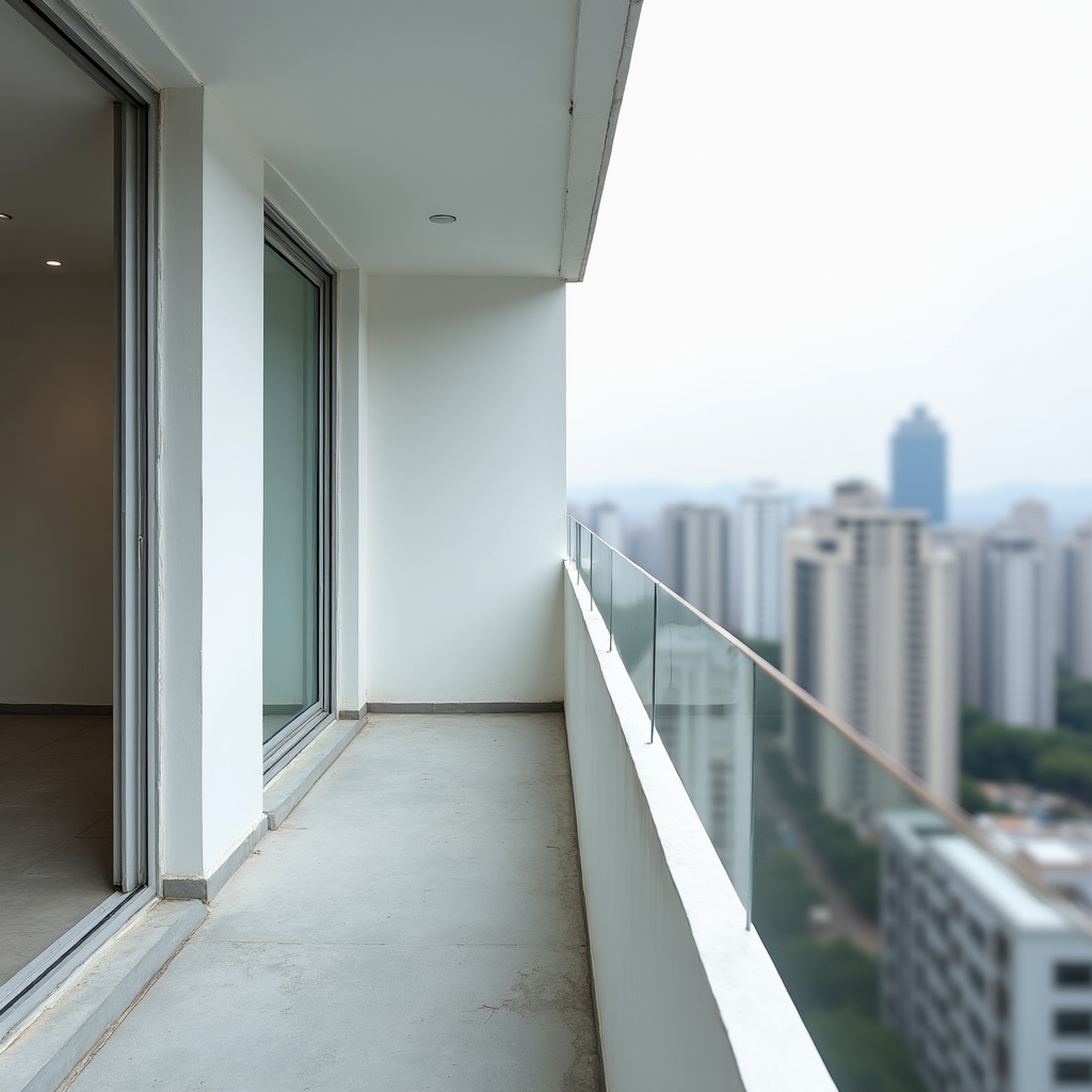 New apartment balcony without protective barriers, showing open edge on a high-floor unit