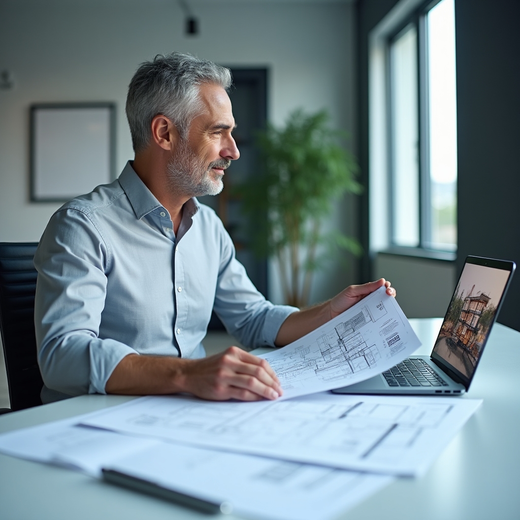 Professional reviewing building regulations and technical documents at a desk