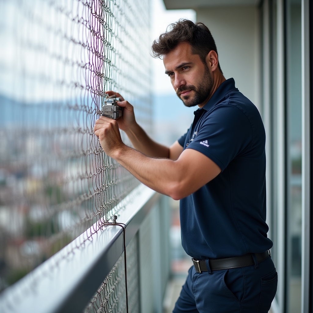 Technician installing stainless steel safety net on a high-rise balcony