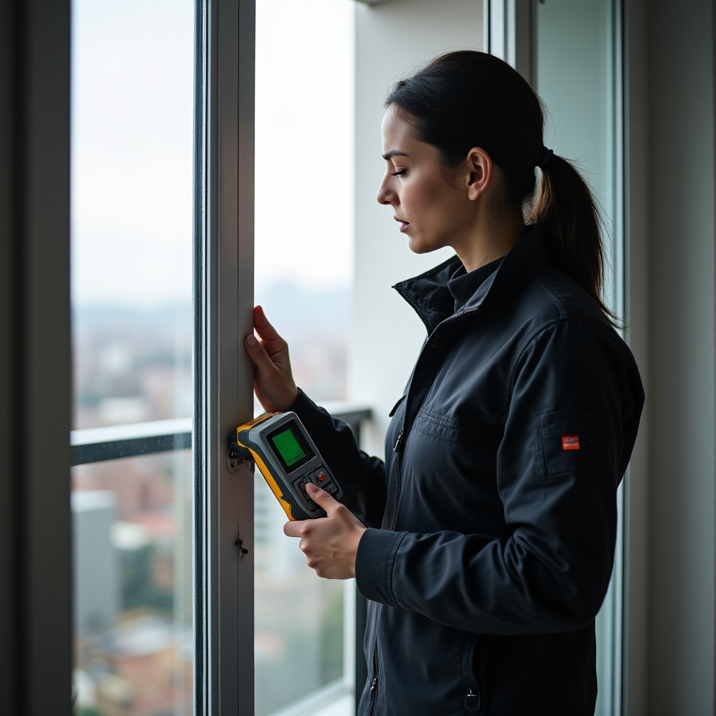 Qexlido technician with measuring equipment on a high-floor apartment balcony